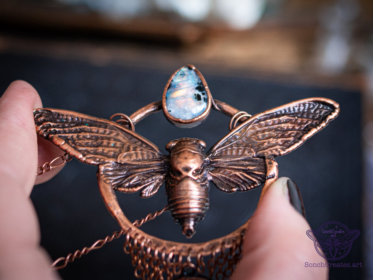 “Celestial Cicada” – Electroformed Statement Necklace in Copper with rainbow moonstone and hammered ring setitng