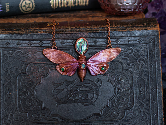 Cicada pendant electroformed in copper with Ethiopian opal and abalone
