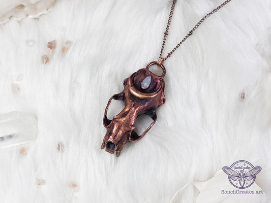 Celestial Mink Skull with white moonstone and moon crescent, electroformed copper witch & pagan jewellery, gothic elegant charm