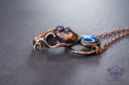 Bat Skull Labradorite necklace - Dark witch pendant - Deep blue flash, Taxidermy jewellery, Goth and halloween inspired charm