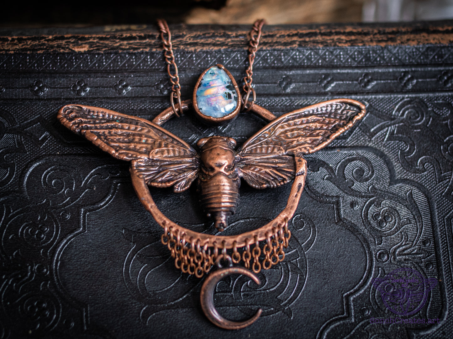 “Celestial Cicada” – Electroformed Statement Necklace in Copper with rainbow moonstone and hammered ring setitng