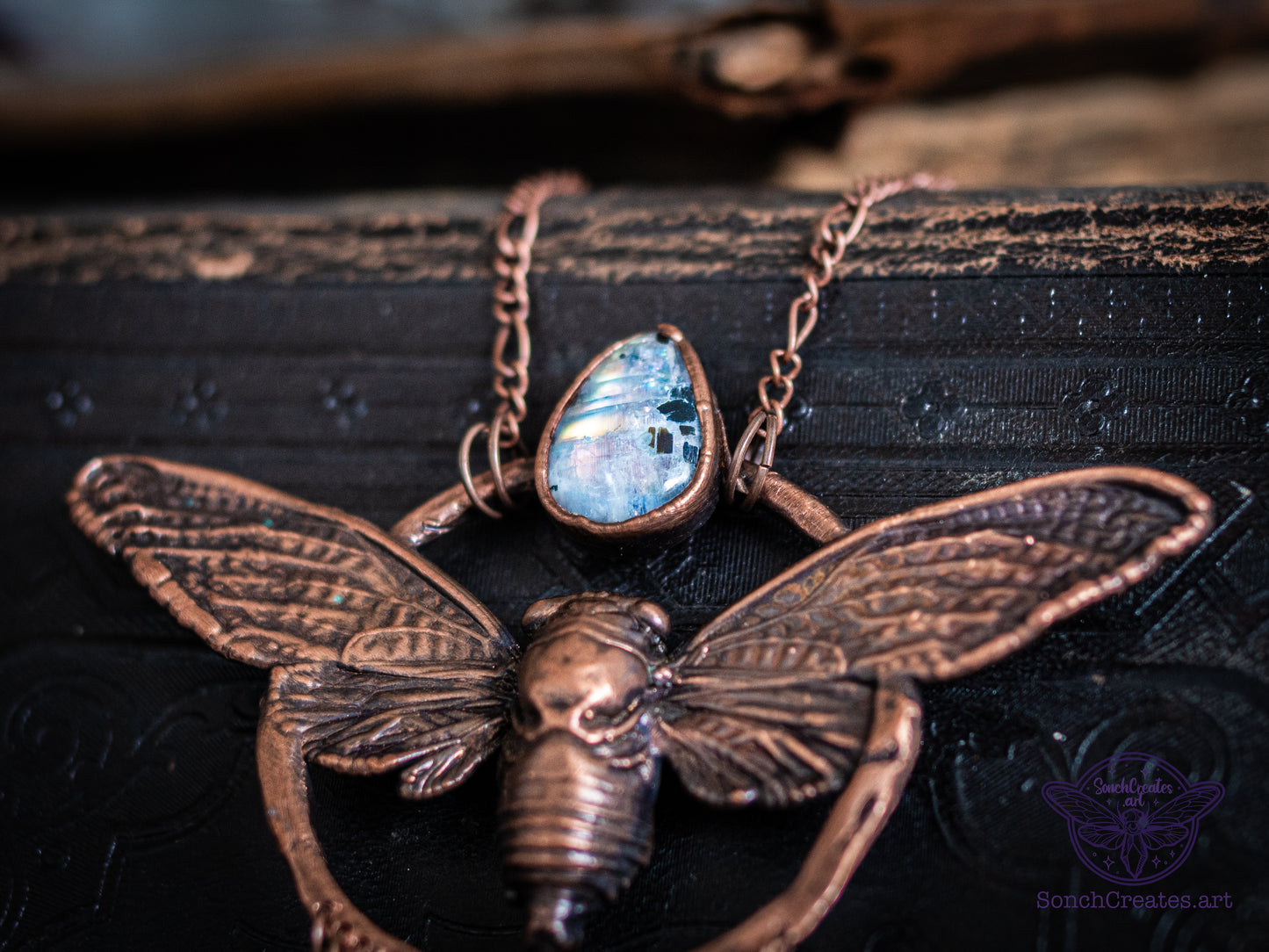 “Celestial Cicada” – Electroformed Statement Necklace in Copper with rainbow moonstone and hammered ring setitng