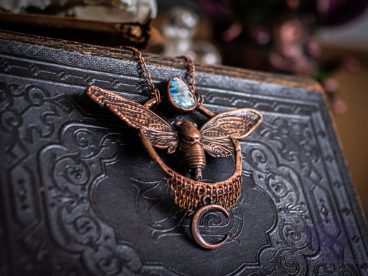 “Celestial Cicada” – Electroformed Statement Necklace in Copper with rainbow moonstone and hammered ring setitng