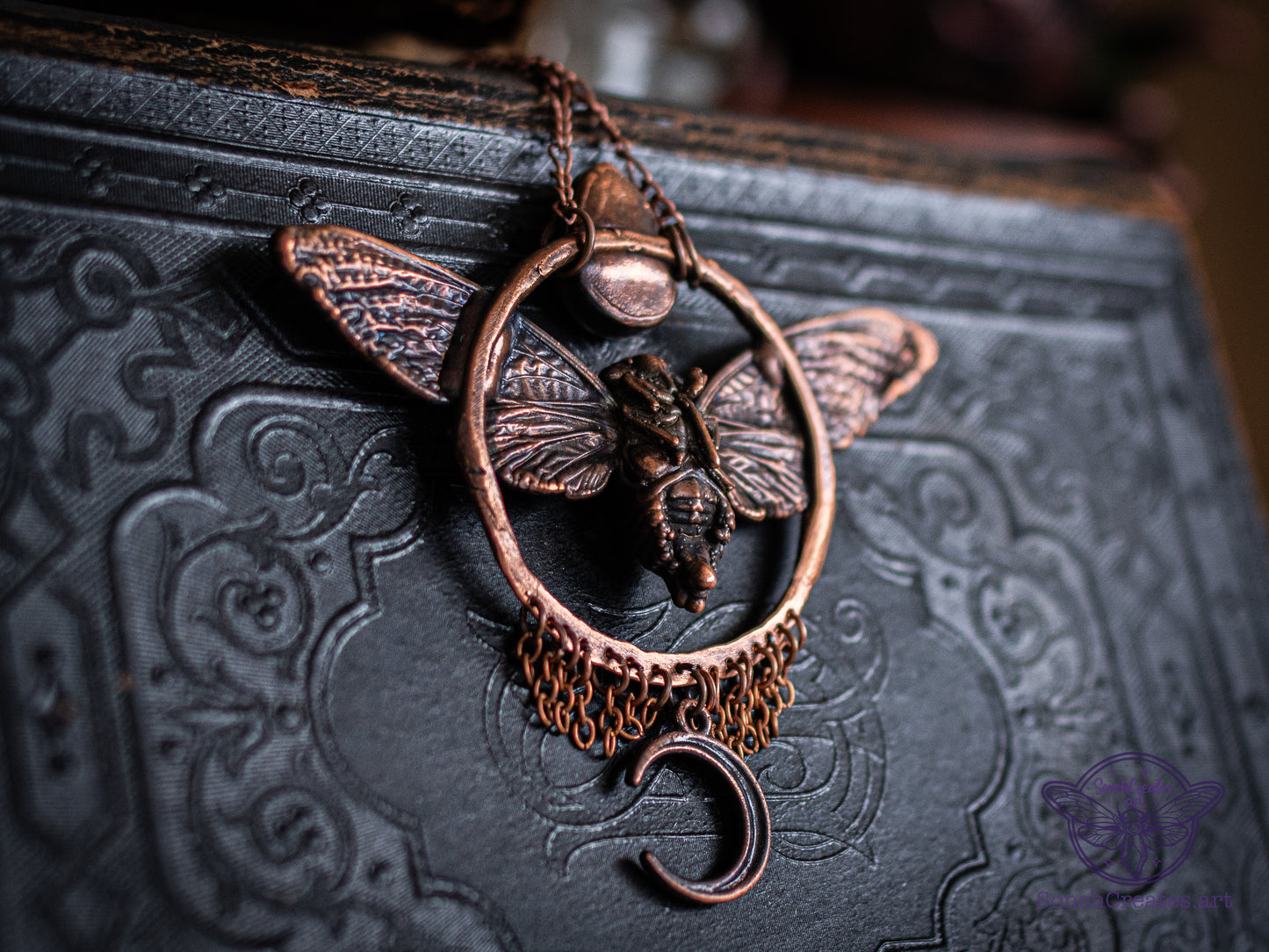 “Celestial Cicada” – Electroformed Statement Necklace in Copper with rainbow moonstone and hammered ring setitng
