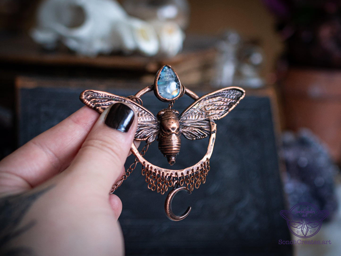 “Celestial Cicada” – Electroformed Statement Necklace in Copper with rainbow moonstone and hammered ring setitng