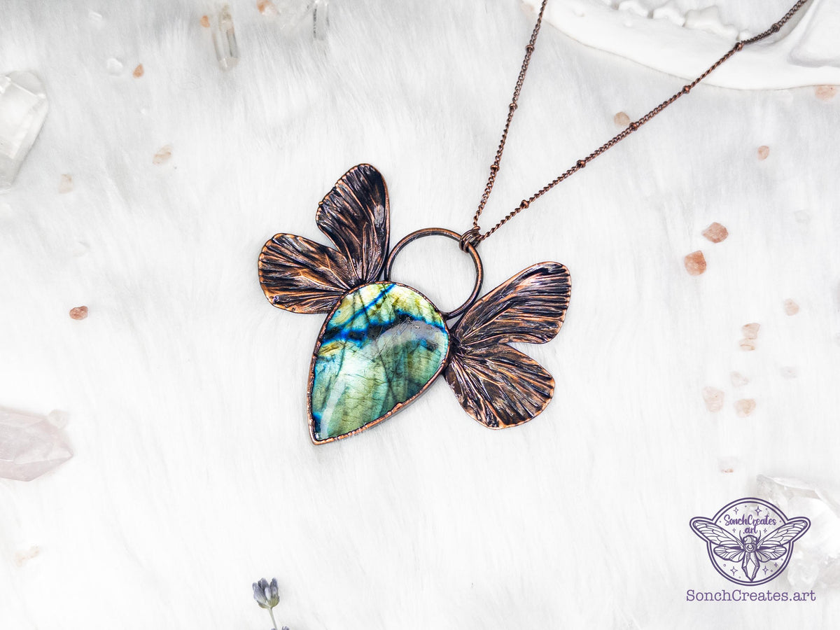 Labradorite butterfly pendant in vintage copper finish