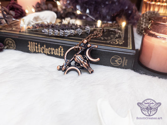 Electroformed copper fox skull pendant with femur bone and crescent moons