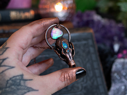 Fox skull pendant with Ethiopian opals and Aurora opal doublet