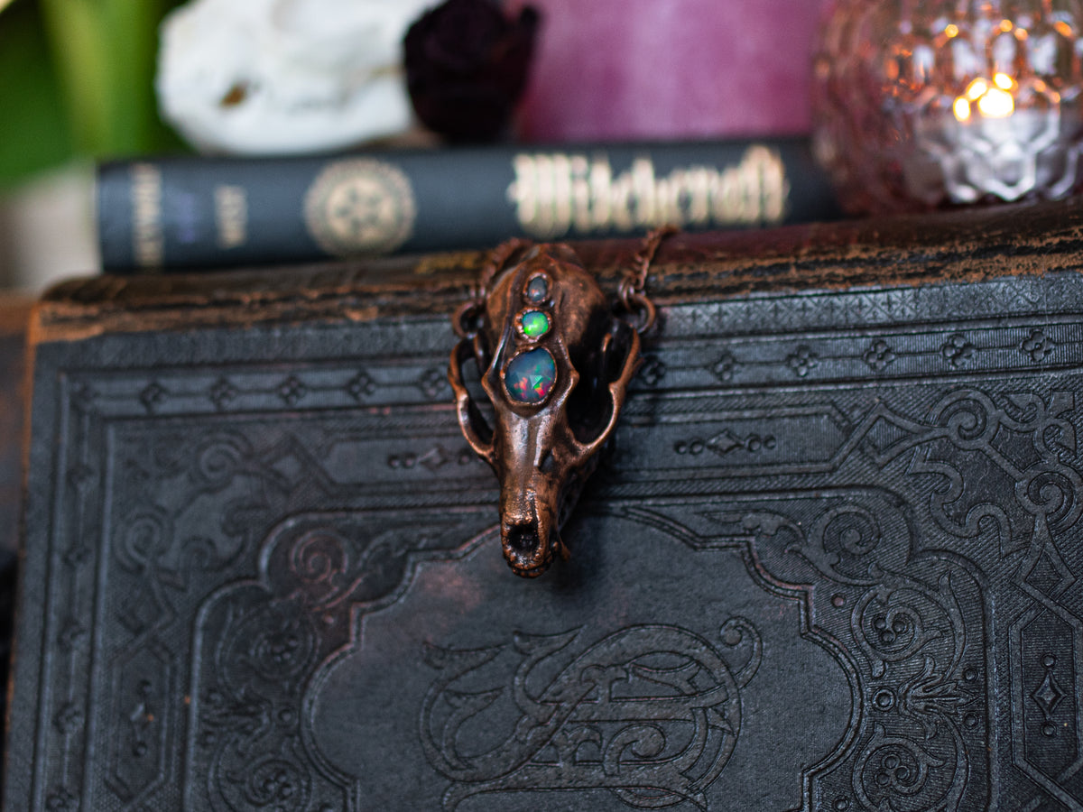Electroformed copper fox skull replica pendant with Ethiopian opals