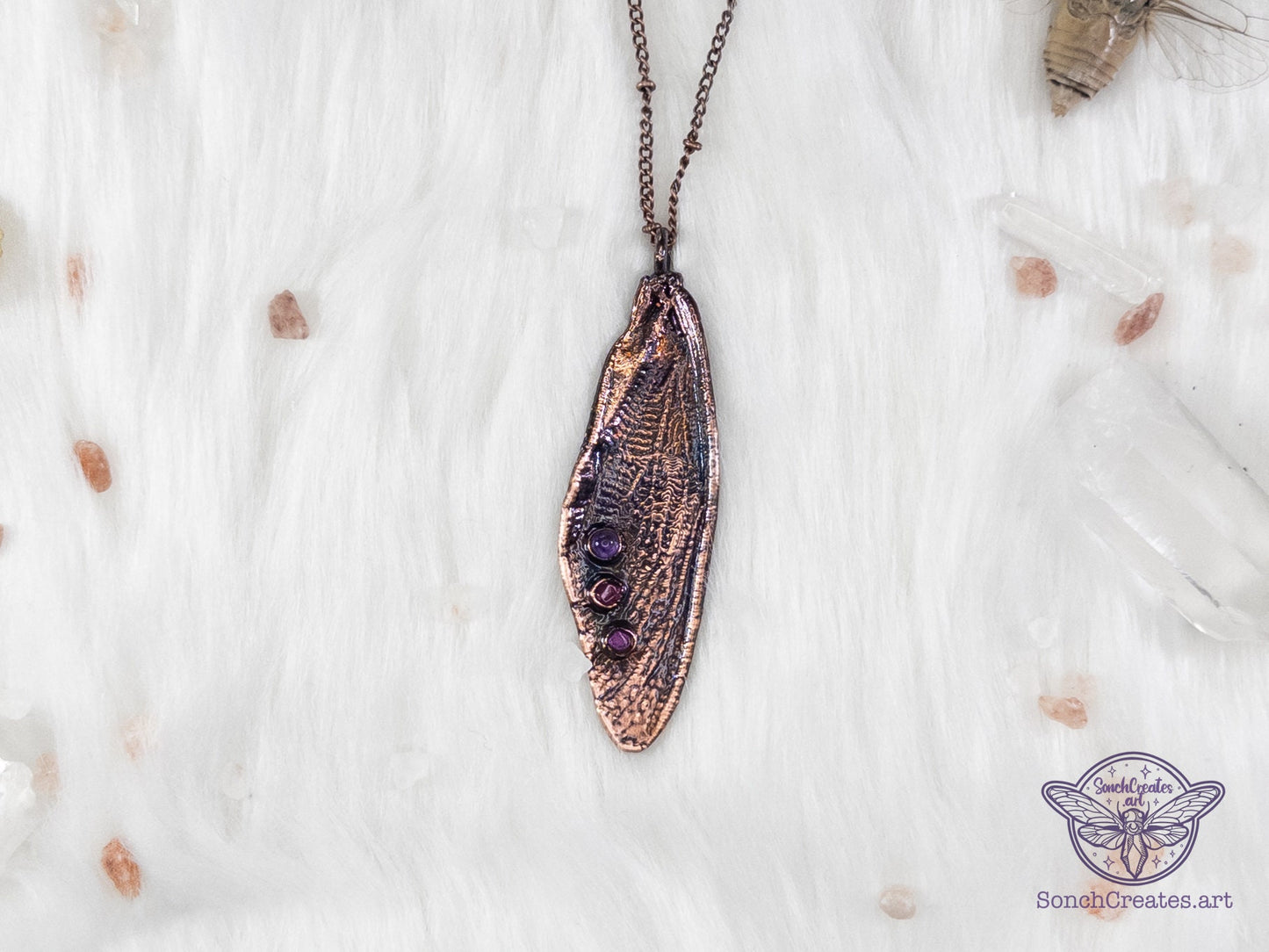 Copper insect necklace - cicada wings  - with amethyst and garnets , electroformed copper witch & pagan jewellery, inspired by nature