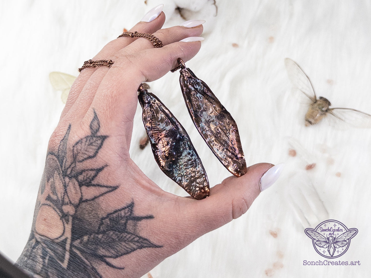 Copper insect necklace - cicada wings  - with amethyst and garnets , electroformed copper witch & pagan jewellery, inspired by nature