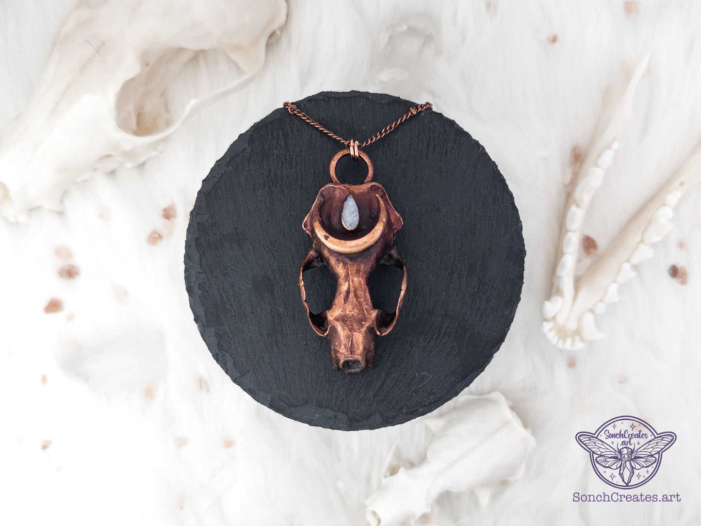 Celestial Mink Skull with  white moonstone and moon crescent,    electroformed copper witch & pagan jewellery, gothic elegant charm