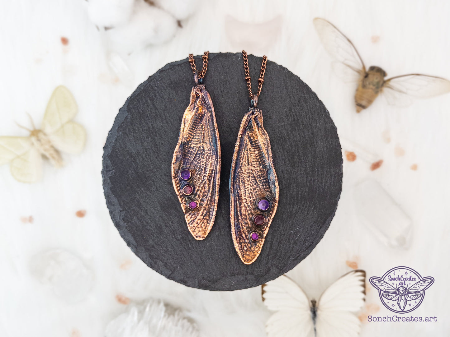 Copper insect necklace - cicada wings  - with amethyst and garnets , electroformed copper witch & pagan jewellery, inspired by nature