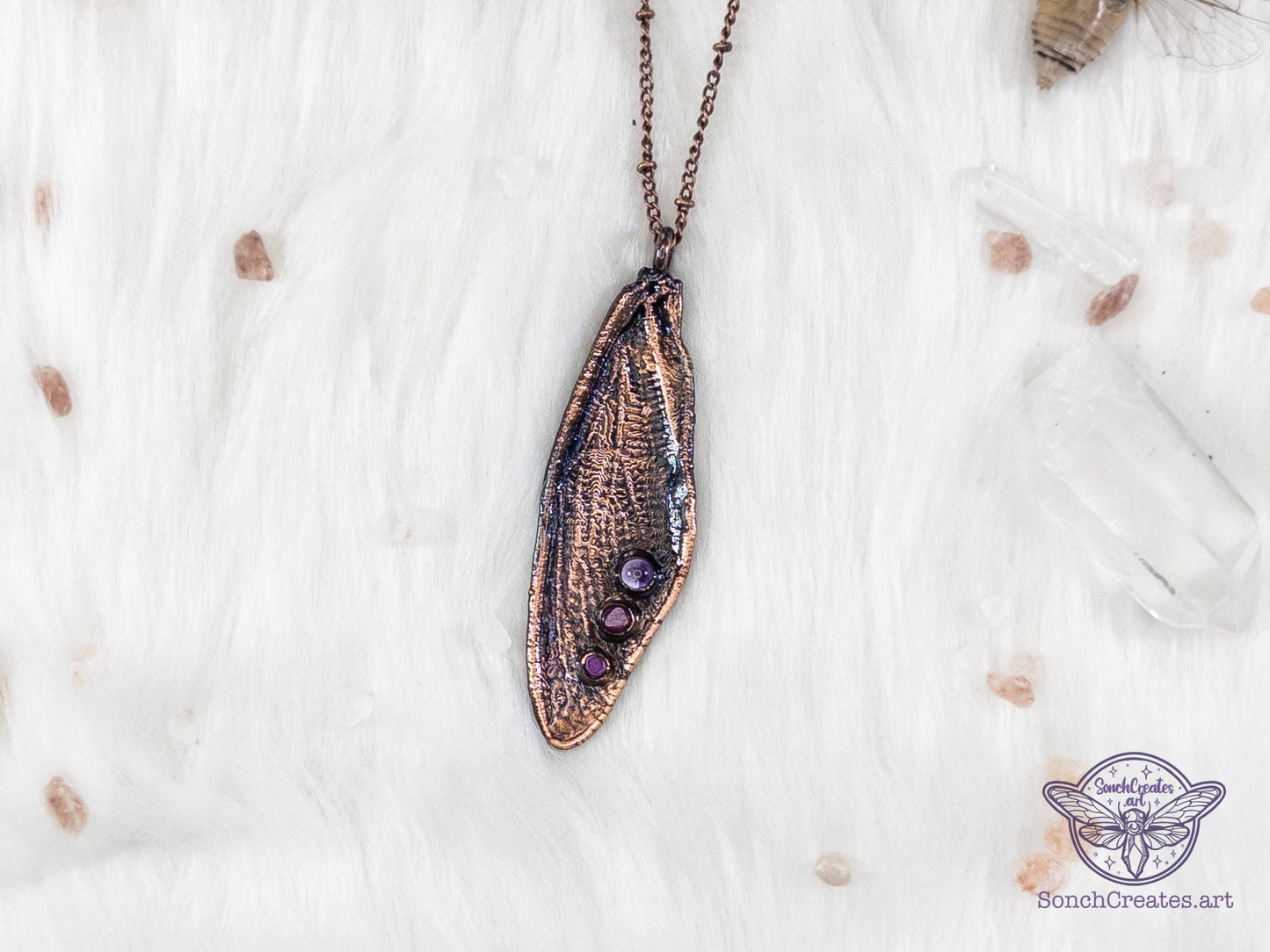 Copper insect necklace - cicada wings  - with amethyst and garnets , electroformed copper witch & pagan jewellery, inspired by nature
