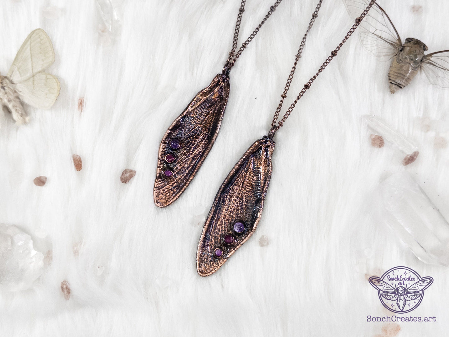 Copper insect necklace - cicada wings  - with amethyst and garnets , electroformed copper witch & pagan jewellery, inspired by nature