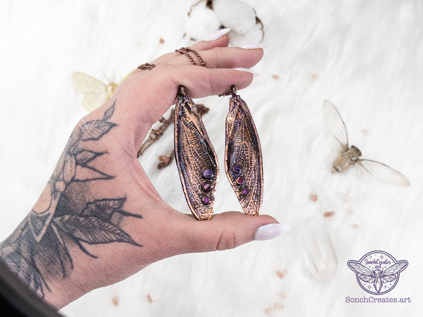 Copper insect necklace - cicada wings  - with amethyst and garnets , electroformed copper witch & pagan jewellery, inspired by nature