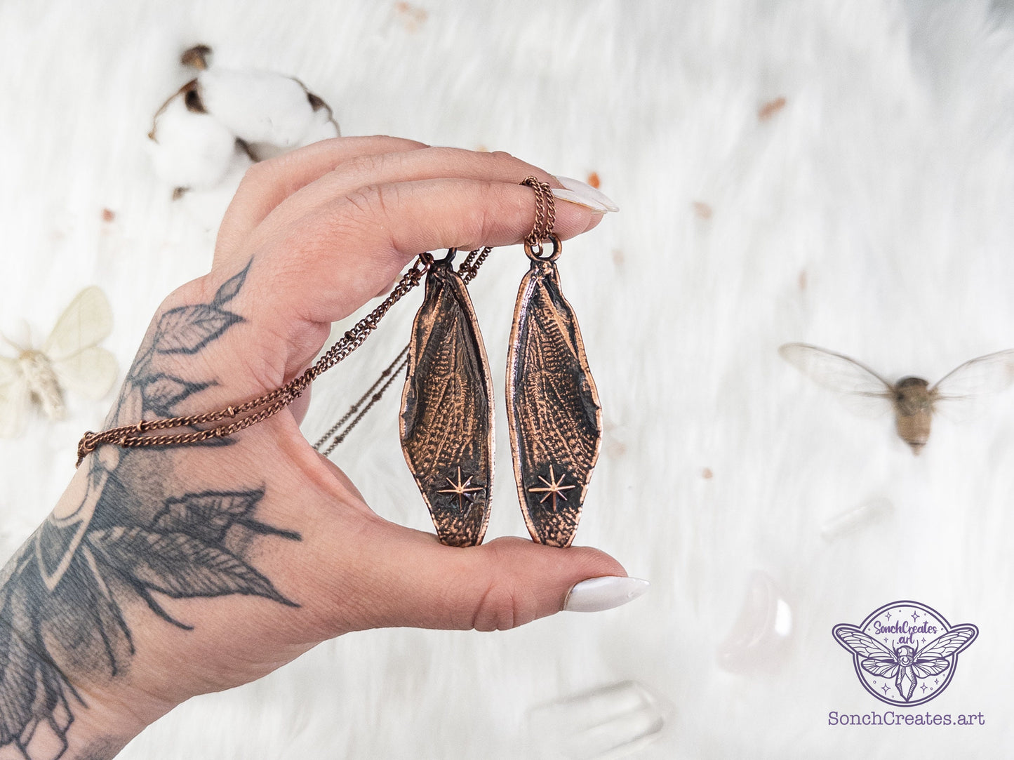Celestial cicada wings  - copper insect necklace with stars , electroformed copper witch & pagan jewellery, inspired by nature