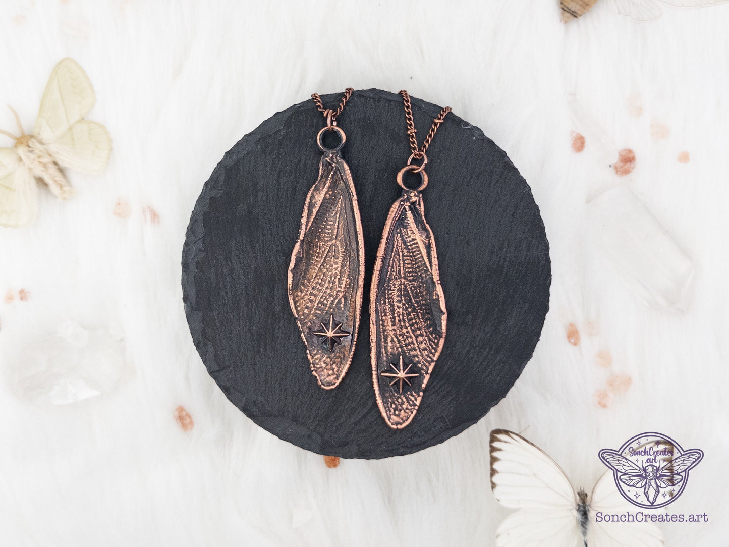 Celestial cicada wings  - copper insect necklace with stars , electroformed copper witch & pagan jewellery, inspired by nature