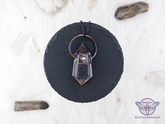 Celestial Quartz point  pendant with  tiny opal , electroformed copper witch jewellery talisman, chunky crystal goth charm, boho fashion