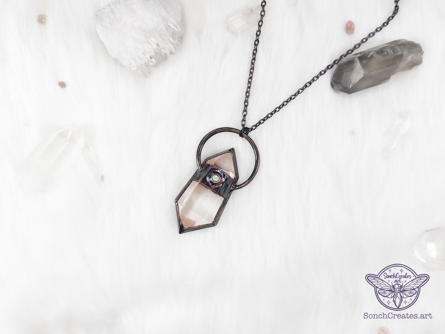 Celestial Quartz point  pendant with  tiny opal , electroformed copper witch jewellery talisman, chunky crystal goth charm, boho fashion