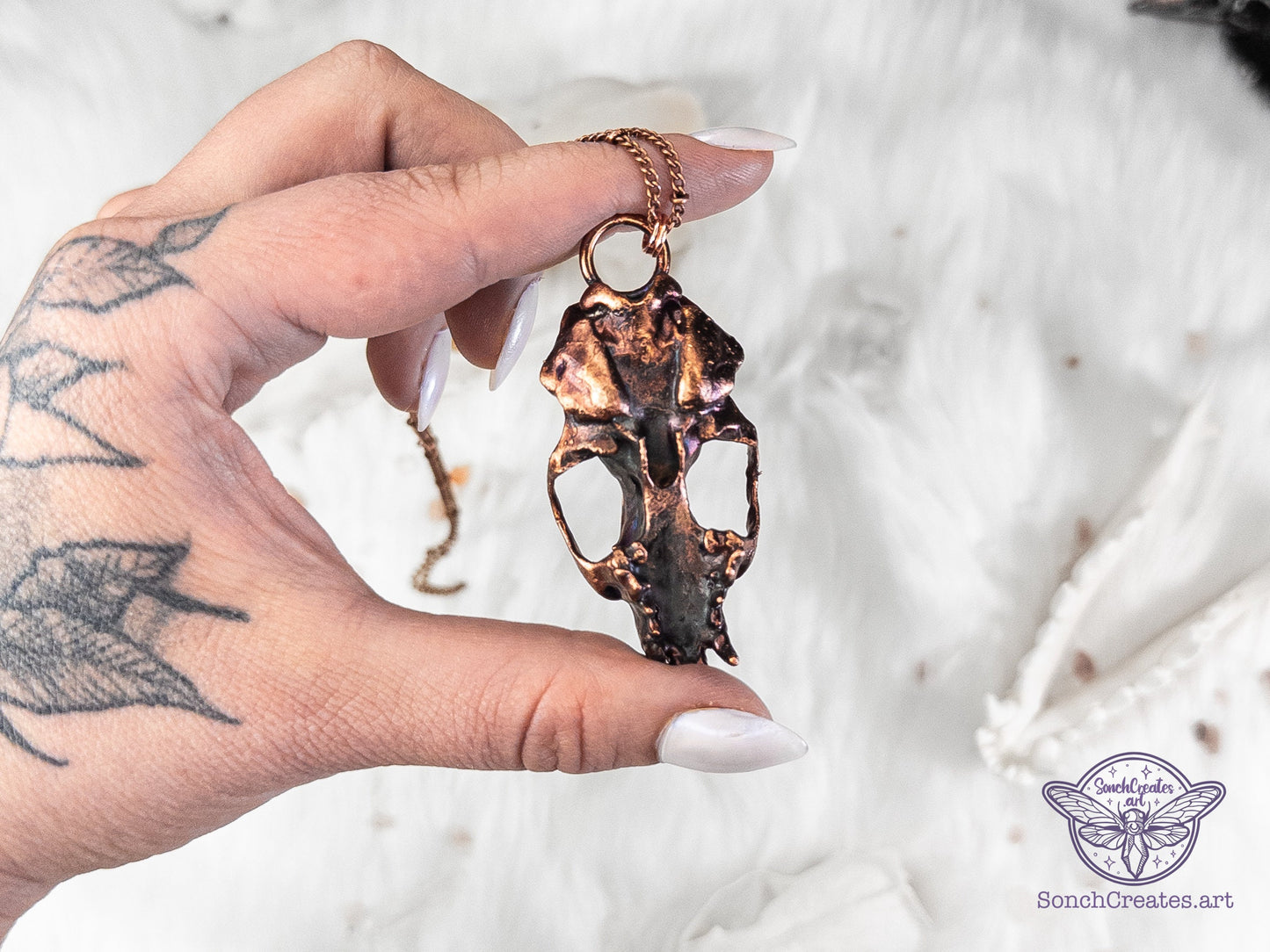 Celestial Mink Skull with  white moonstone and moon crescent,    electroformed copper witch & pagan jewellery, gothic elegant charm