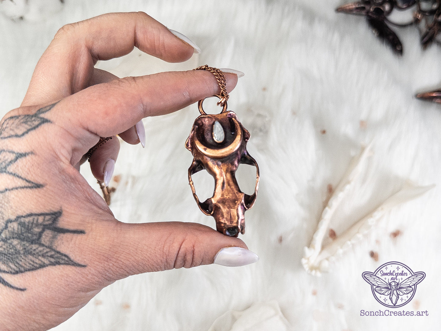 Celestial Mink Skull with  white moonstone and moon crescent,    electroformed copper witch & pagan jewellery, gothic elegant charm