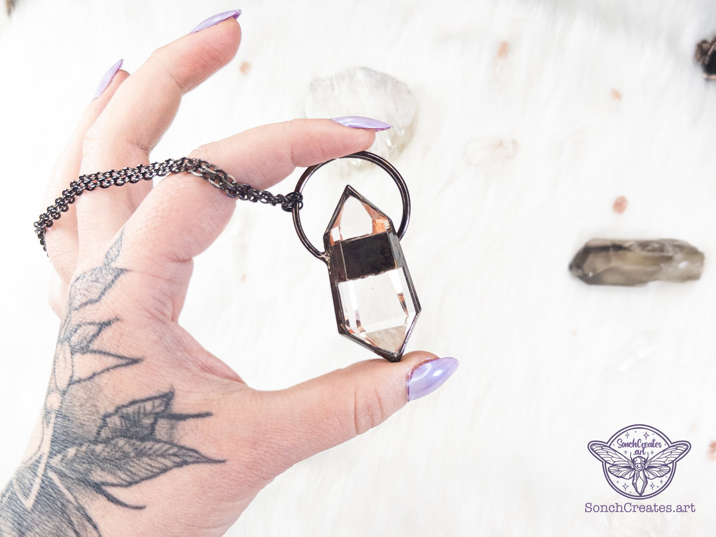 Celestial Quartz point  pendant with  tiny opal , electroformed copper witch jewellery talisman, chunky crystal goth charm, boho fashion