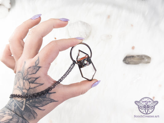 Celestial Quartz point  pendant with  tiny opal , electroformed copper witch jewellery talisman, chunky crystal goth charm, boho fashion