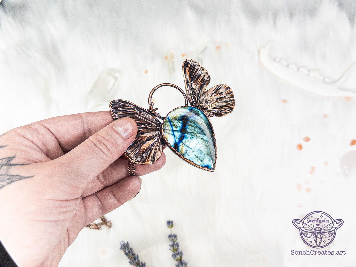 Real butterfly wings necklace - labradorite forestcore  pixie charm  , electroformed copper witch pagan jewellery, nature inspired