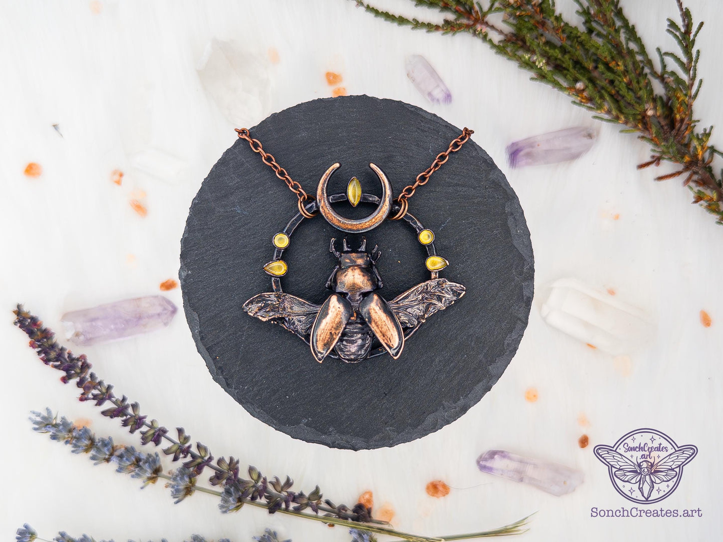 Real  stag Beetle necklace - Celestial insect pendant  - with Citrines, cloeptera, electroformed copper witch pagan jewellery, entomology