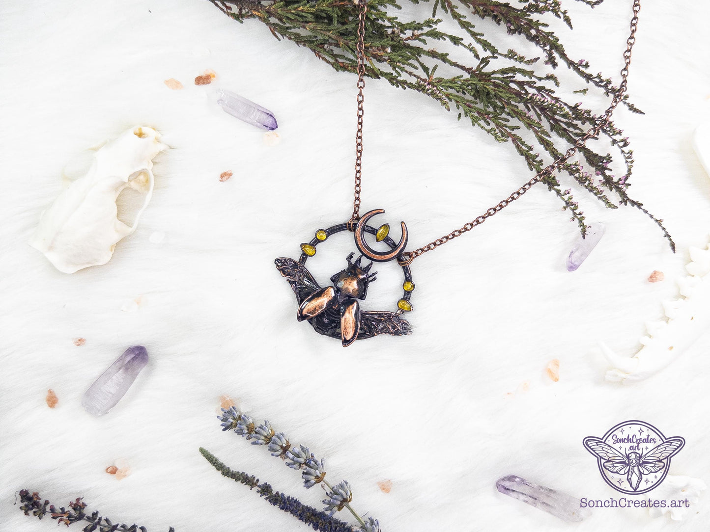 Real  stag Beetle necklace - Celestial insect pendant  - with Citrines, cloeptera, electroformed copper witch pagan jewellery, entomology