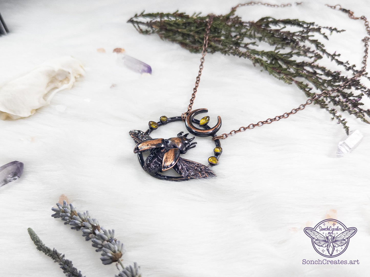 Real  stag Beetle necklace - Celestial insect pendant  - with Citrines, cloeptera, electroformed copper witch pagan jewellery, entomology