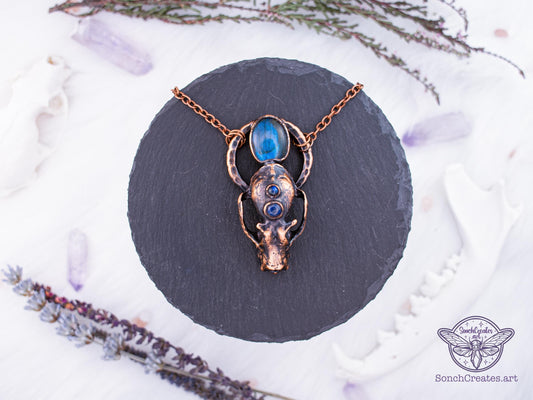 Bat Skull Labradorite necklace -  Dark witch pendant  - Deep blue flash, Taxidermy jewellery, Goth and halloween inspired charm