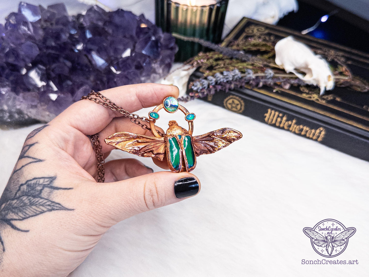 Real Beetle necklace-  Welo Opal and abalone  - cloeptera insect pendant, electroformed copper witch pagan jewellery, entomology