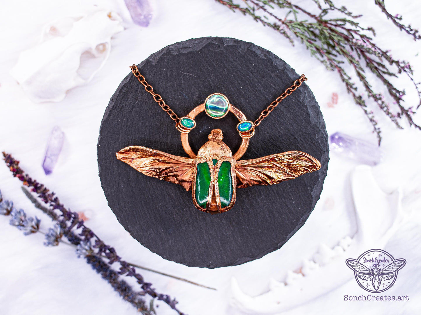 Real Beetle necklace-  Welo Opal and abalone  - cloeptera insect pendant, electroformed copper witch pagan jewellery, entomology
