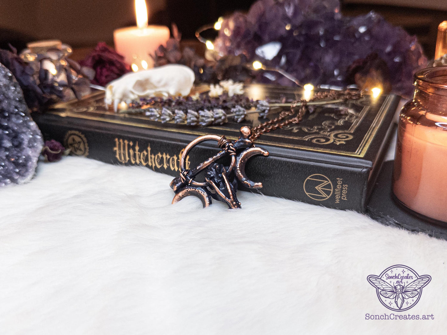 Fox Skull and bones necklace - Shamanism inspired occult pendant , electroformed copper witch jewellery, pagan and gothic charm, moon phase