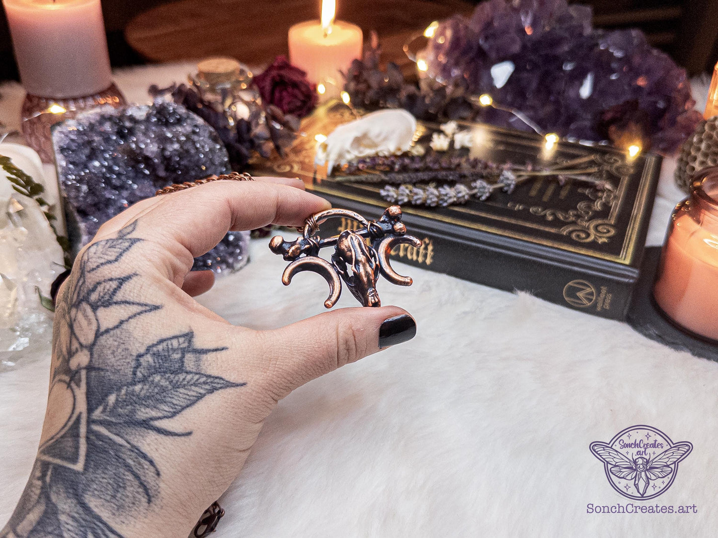 Fox Skull and bones necklace - Shamanism inspired occult pendant , electroformed copper witch jewellery, pagan and gothic charm, moon phase