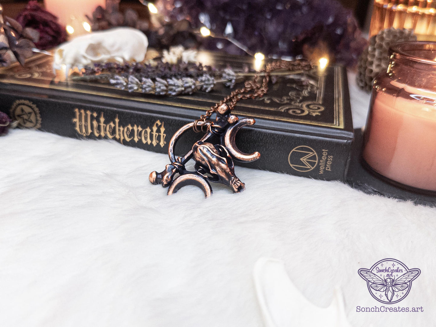 Fox Skull and bones necklace - Shamanism inspired occult pendant , electroformed copper witch jewellery, pagan and gothic charm, moon phase