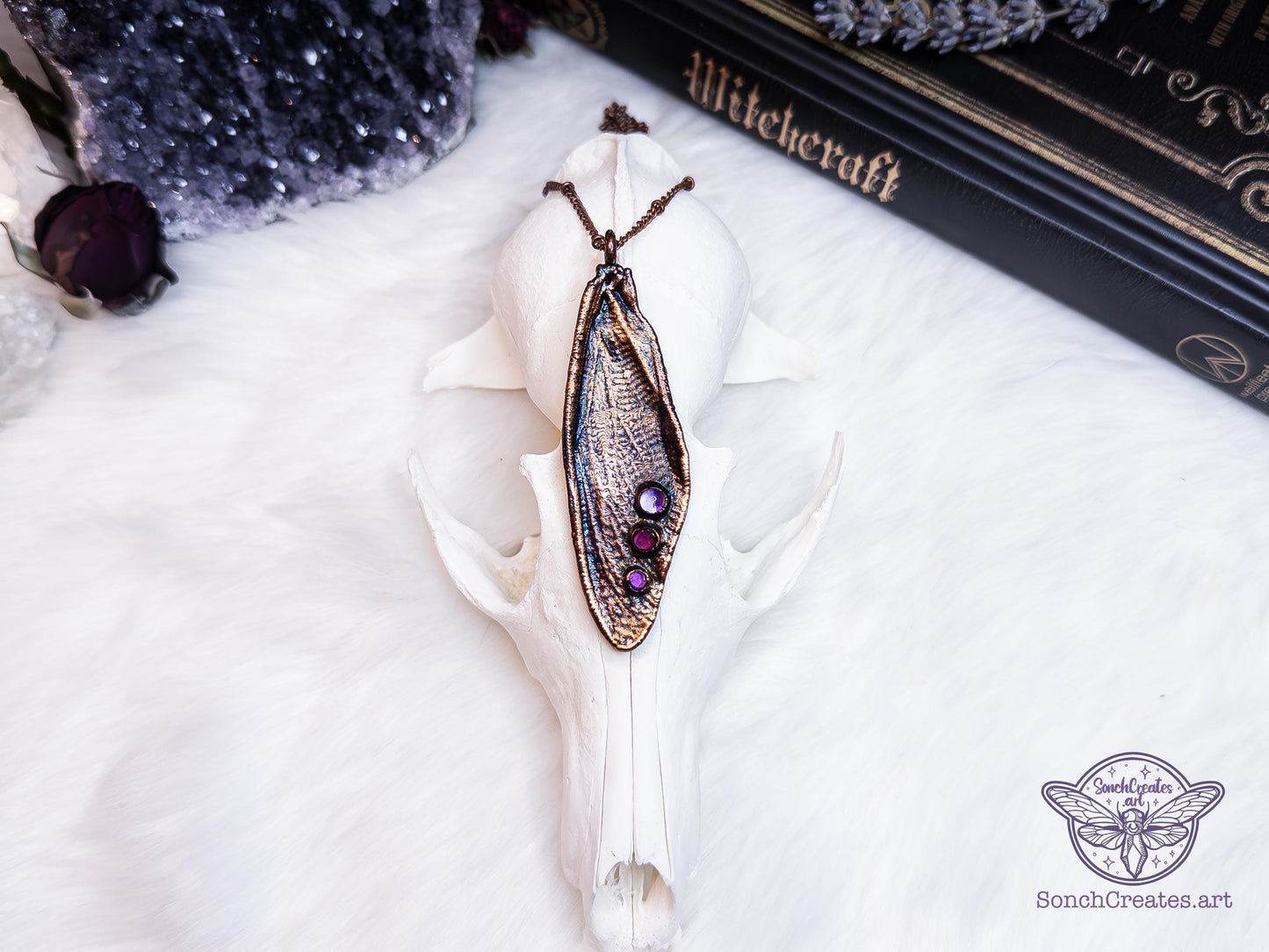 Copper insect necklace - cicada wings  - with amethyst and garnets , electroformed copper witch & pagan jewellery, inspired by nature