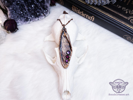 Copper insect necklace - cicada wings  - with amethyst and garnets , electroformed copper witch & pagan jewellery, inspired by nature