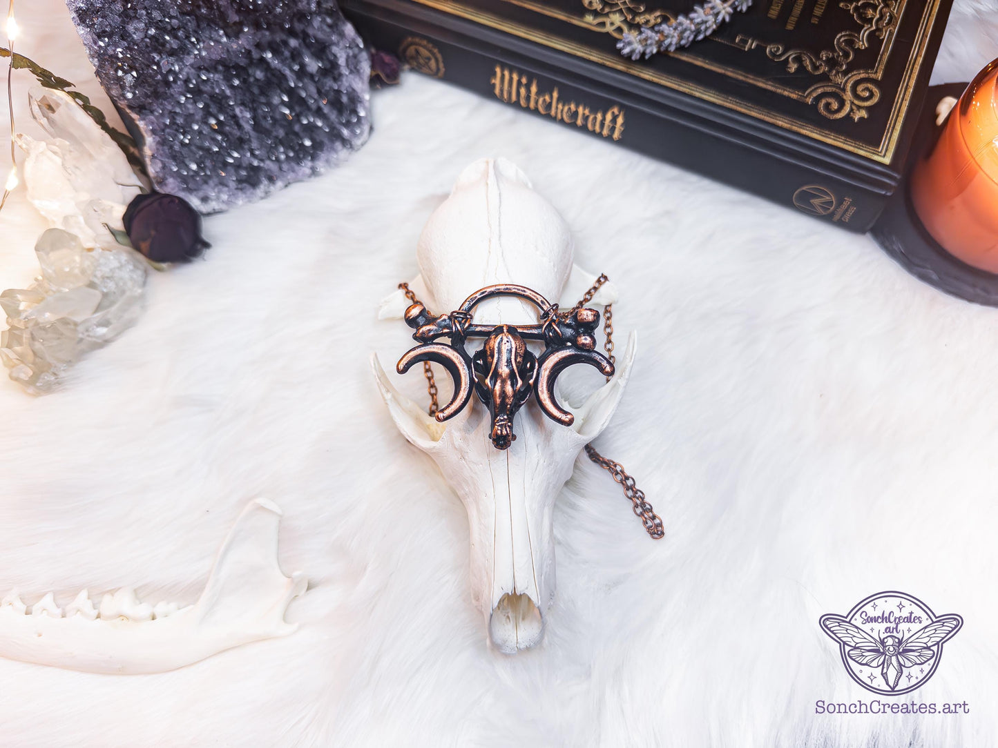 Fox Skull and bones necklace - Shamanism inspired occult pendant , electroformed copper witch jewellery, pagan and gothic charm, moon phase