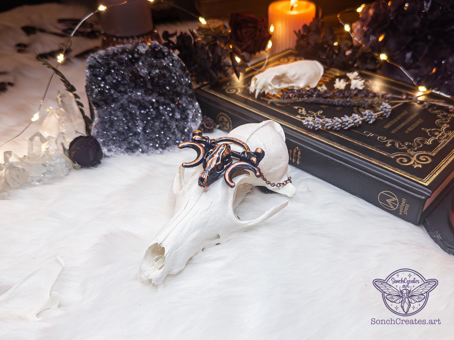 Fox Skull and bones necklace - Shamanism inspired occult pendant , electroformed copper witch jewellery, pagan and gothic charm, moon phase