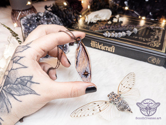 Celestial cicada wings  - copper insect necklace with stars , electroformed copper witch & pagan jewellery, inspired by nature