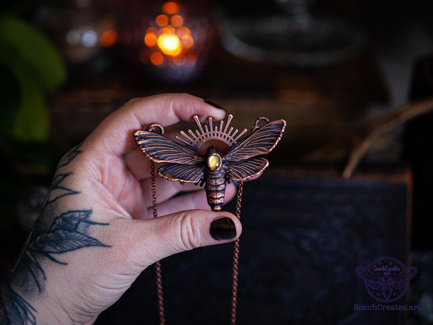 Moth & citrine, electroformed copper witch pagan jewellery, nature inspired, night butterfly, insect  taxidermy, lamp and light symbol