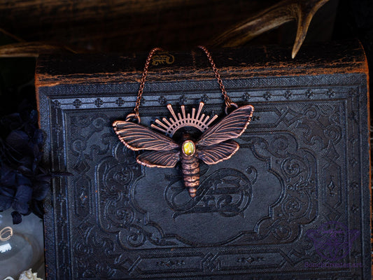 Moth & citrine, electroformed copper witch pagan jewellery, nature inspired, night butterfly, insect  taxidermy, lamp and light symbol