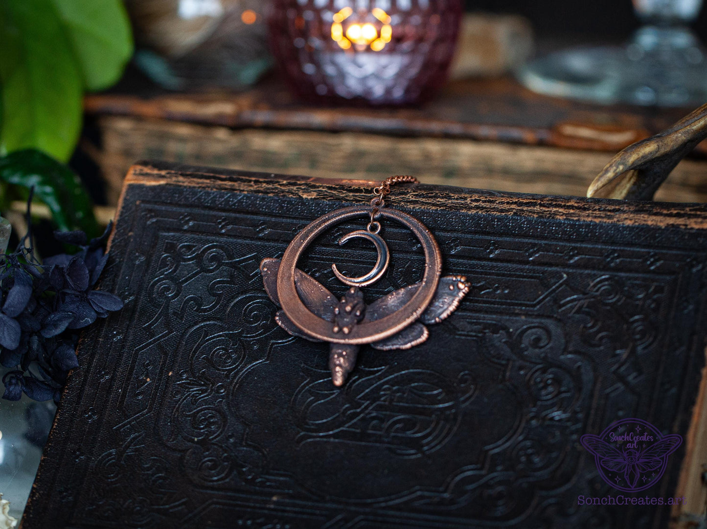 Celestial Moth - Crescent moon pendant, , electroformed copper witch pagan jewellery, nature inspired, night butterfly, insect  taxidermy