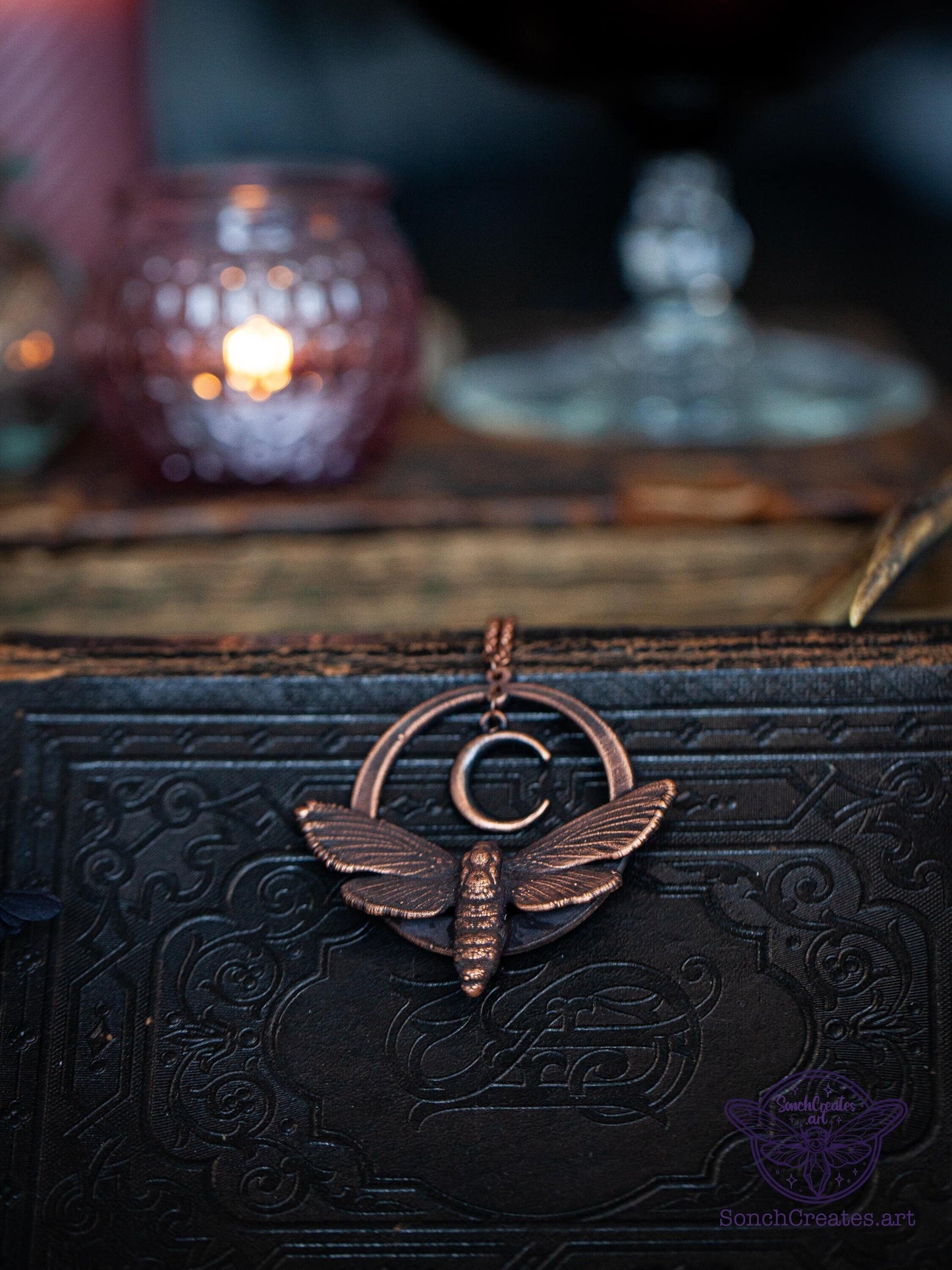 Celestial Moth - Crescent moon pendant, , electroformed copper witch pagan jewellery, nature inspired, night butterfly, insect  taxidermy