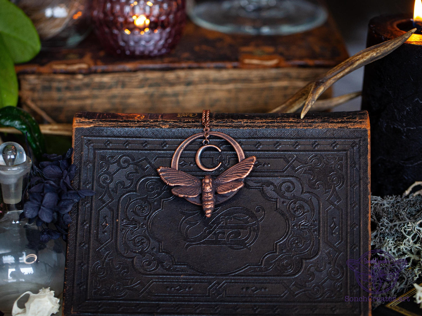 Celestial Moth - Crescent moon pendant, , electroformed copper witch pagan jewellery, nature inspired, night butterfly, insect  taxidermy