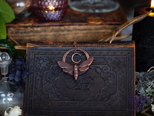 Celestial Moth - Crescent moon pendant, , electroformed copper witch pagan jewellery, nature inspired, night butterfly, insect  taxidermy