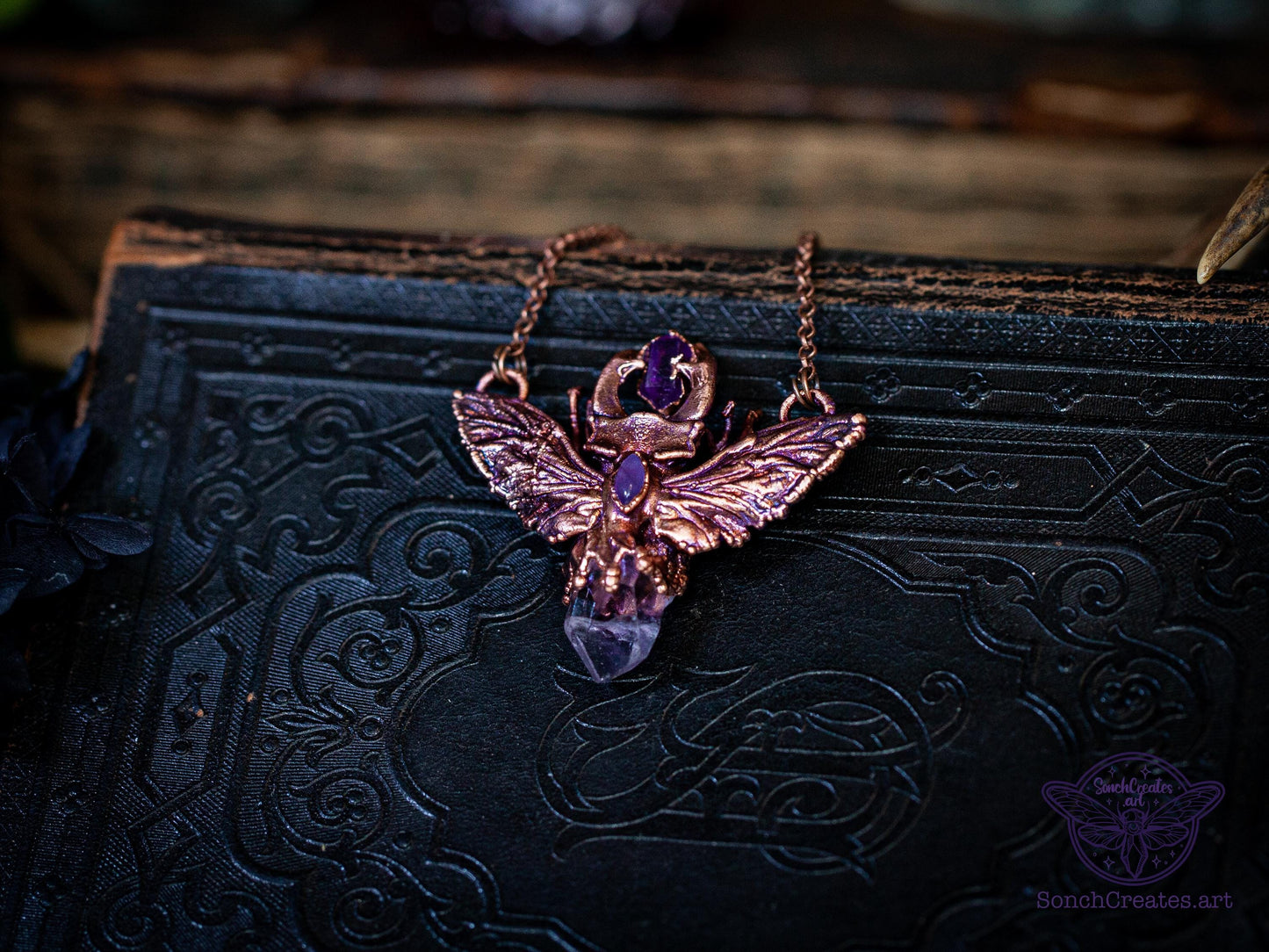 Small Stag Beetle amethyst pendant, copper insect necklace, electroformed copper witch  pagan jewellery, entomology and taxidermy, curiosity